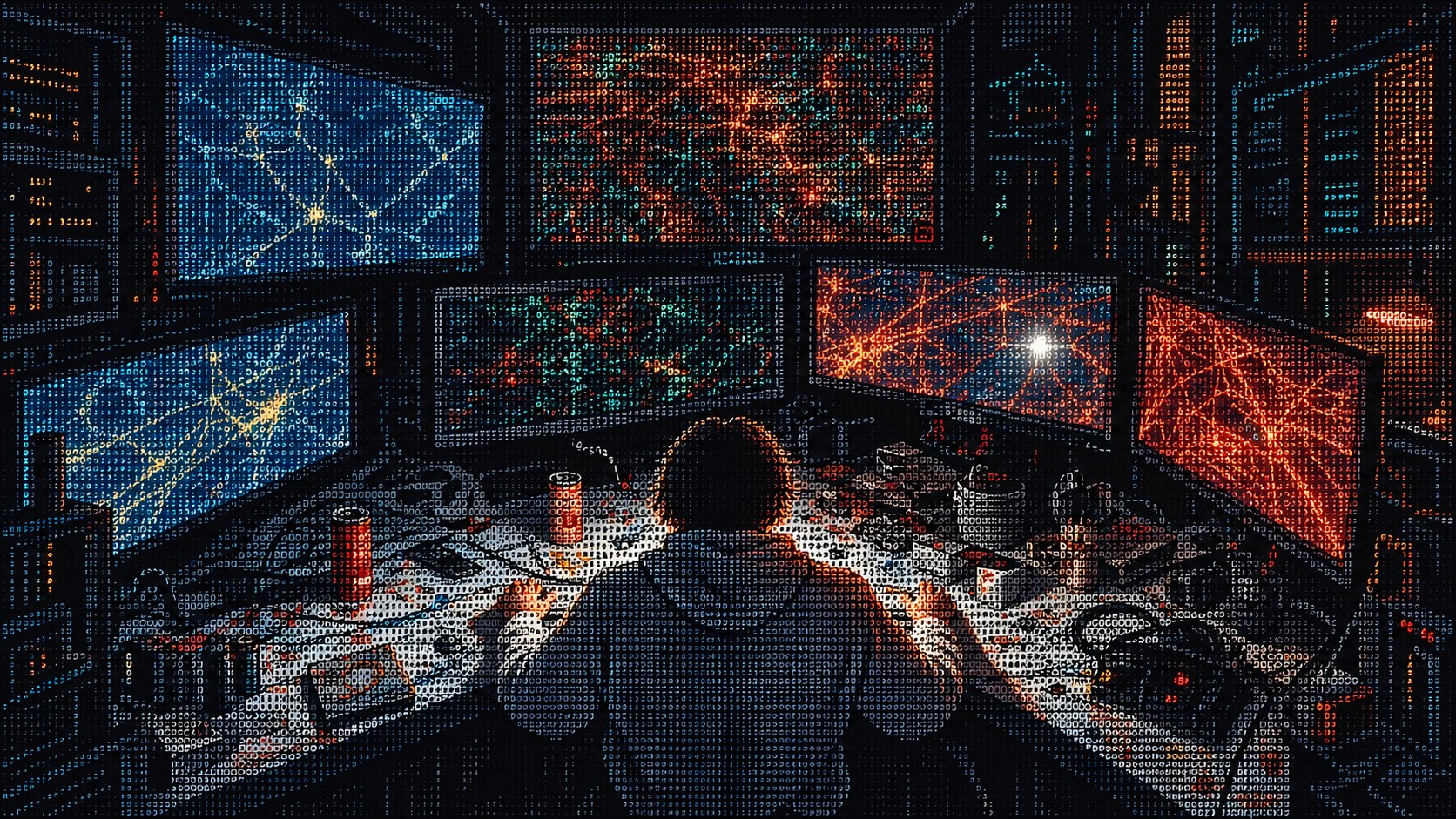 A wall of monitors rendered in code, tracking runs across an application