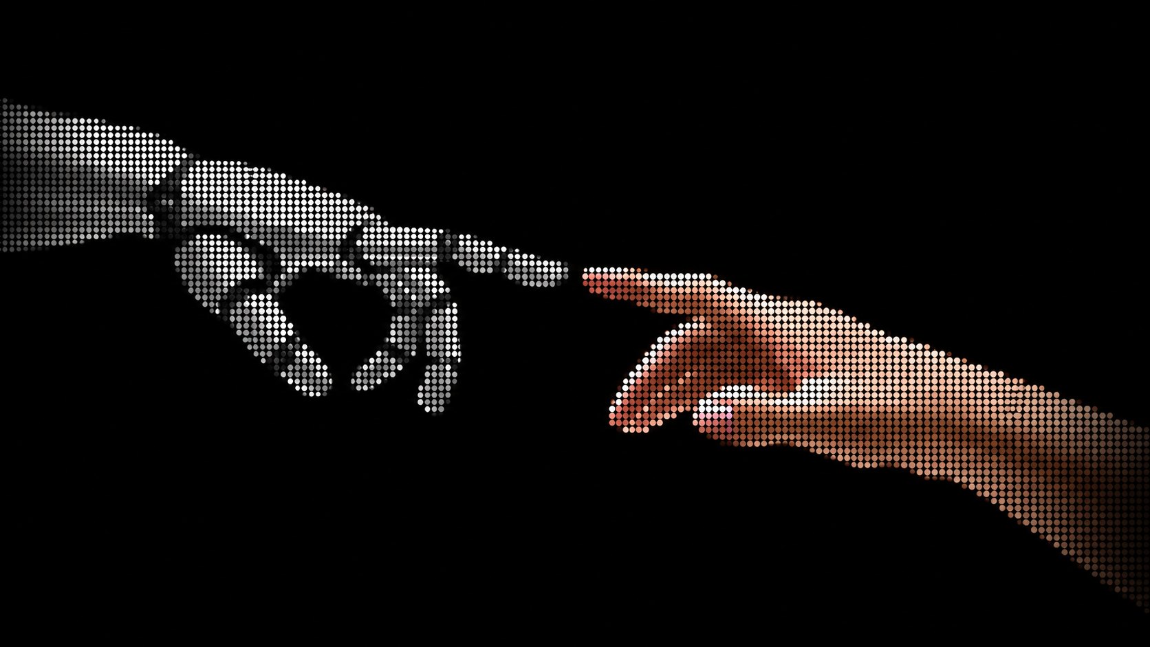 A robotic hand and a human hand reaching toward each other